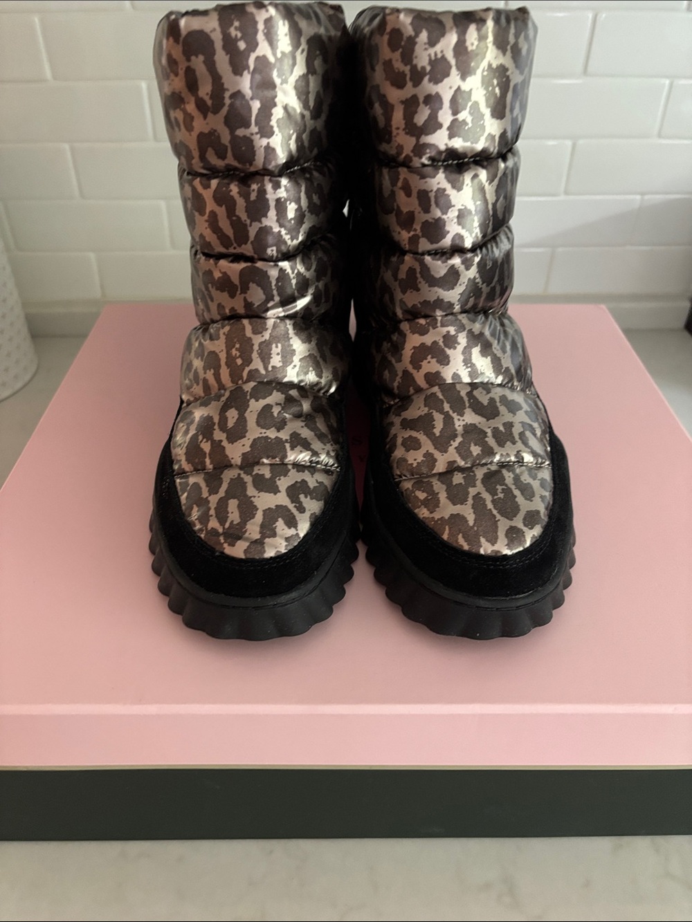 kate spade Metallic Leopard Quilted Snow Boots - Black & Metallic Taupe